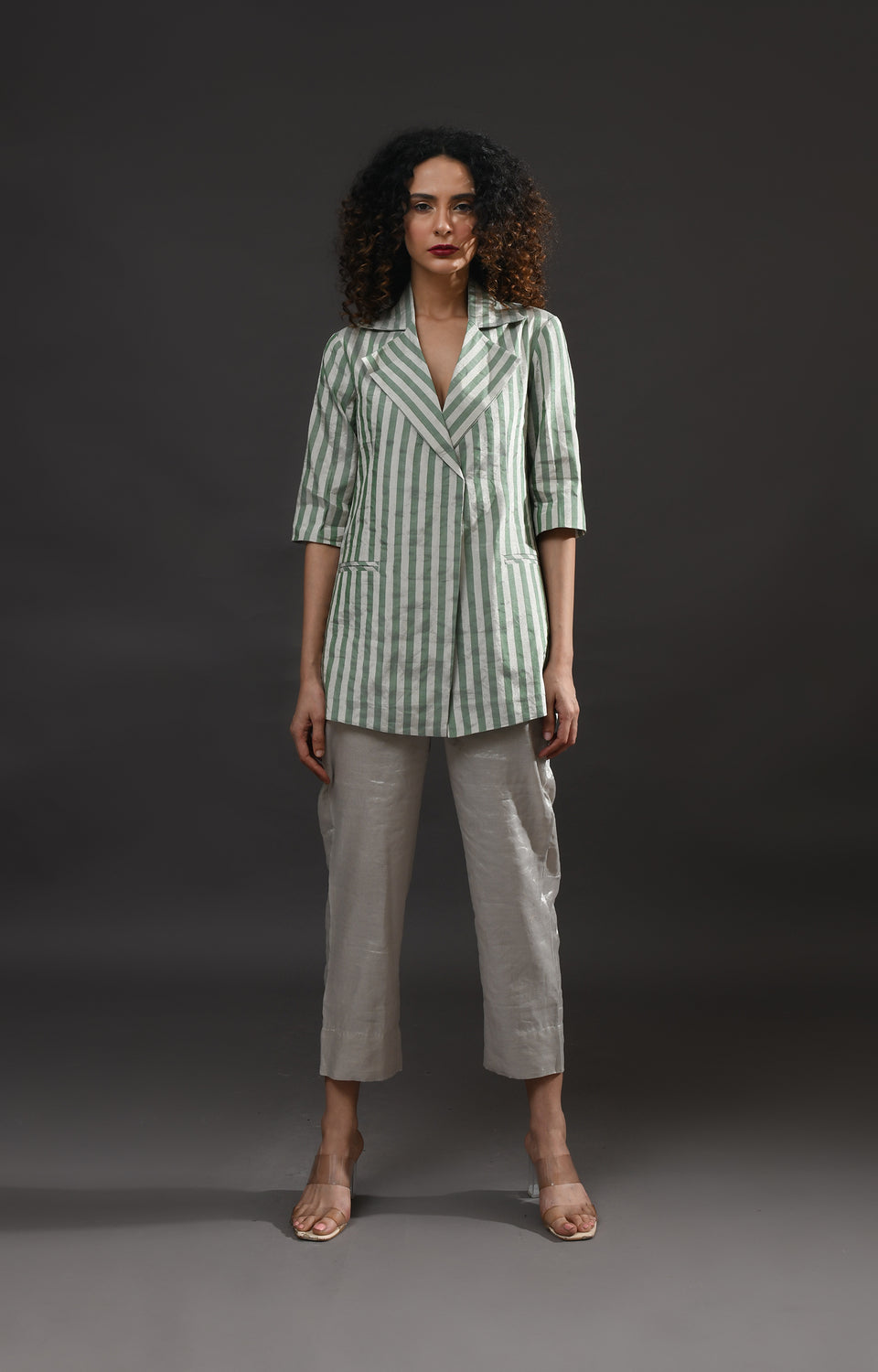 Silver and green striped tissue blazer co-ord set of 2 for women – Hiranya