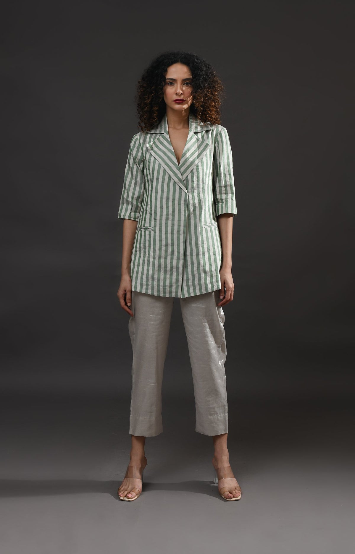 Striped Tissue Blazer- Silver and Green