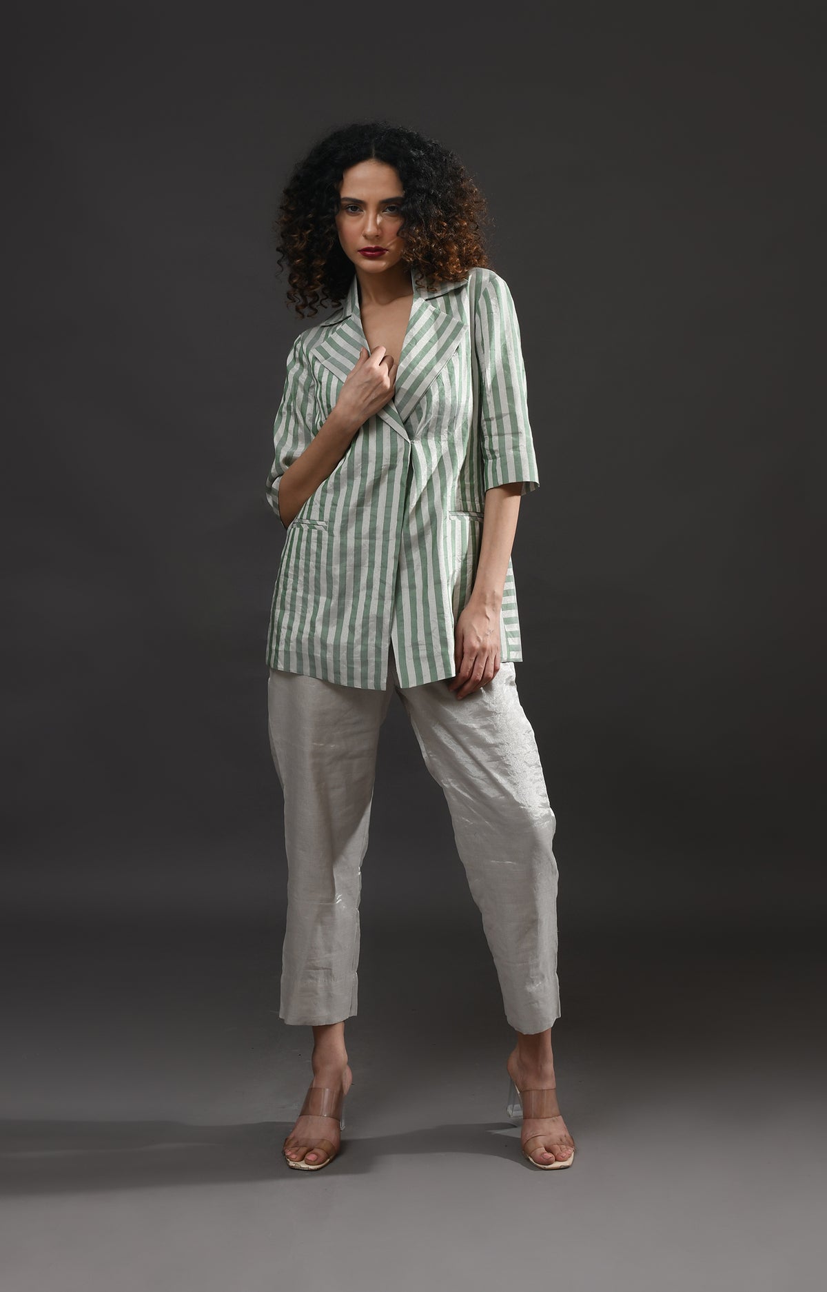 Silver and green striped tissue blazer co-ord set of 2 for women – Hiranya