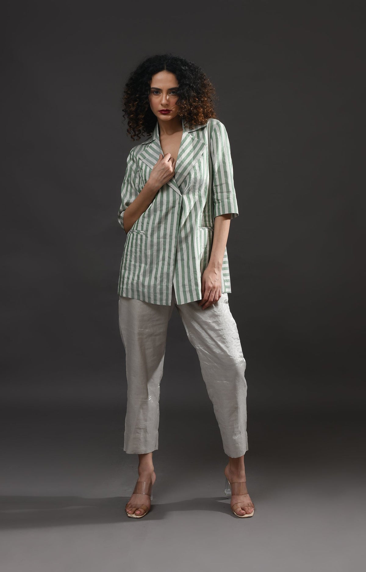Striped Tissue Blazer- Silver and Green