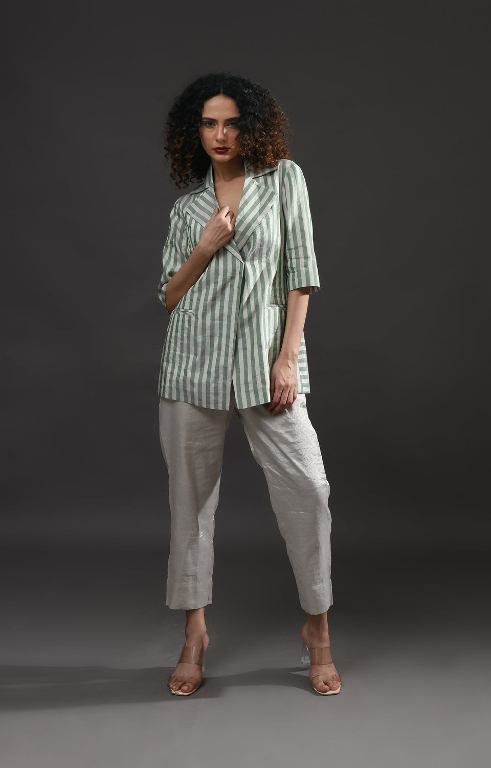 Striped Tissue Blazer- Silver and Green