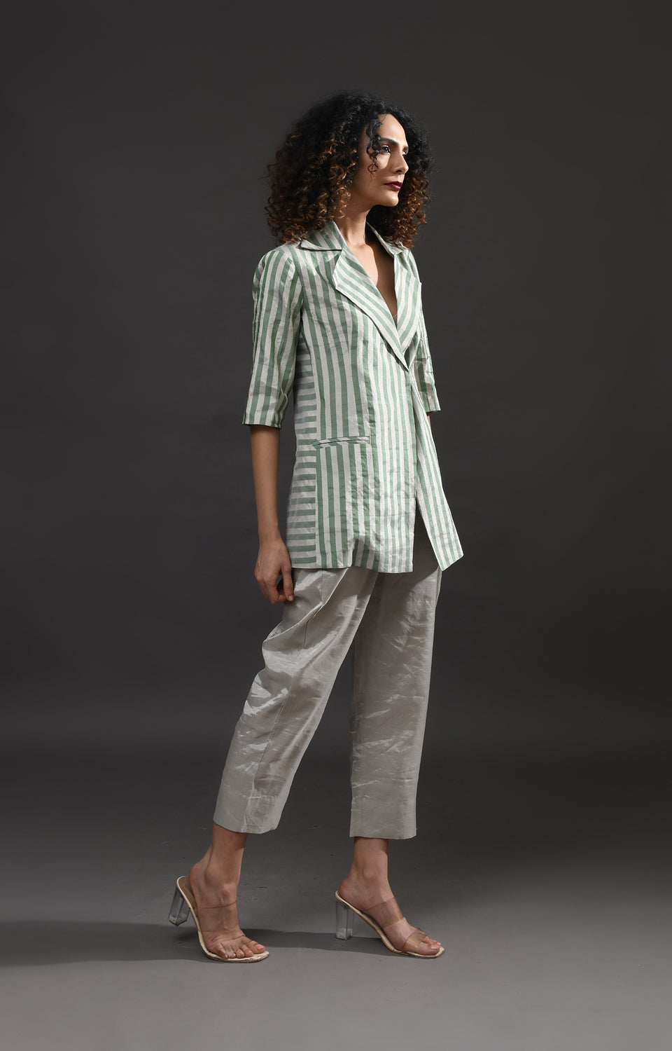 Silver and green striped tissue blazer co-ord set of 2 for women – Hiranya