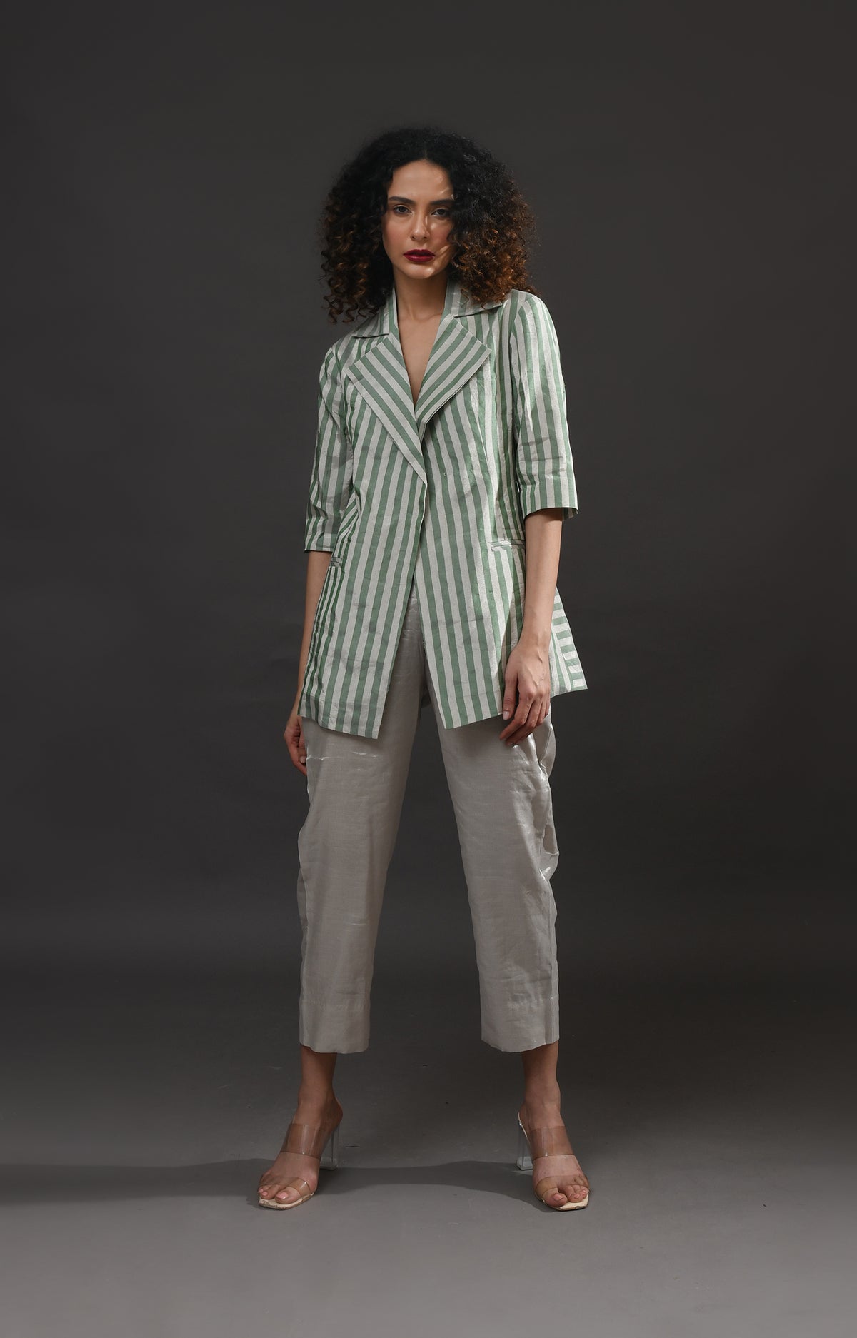 Silver and green striped tissue blazer co-ord set of 2 for women – Hiranya
