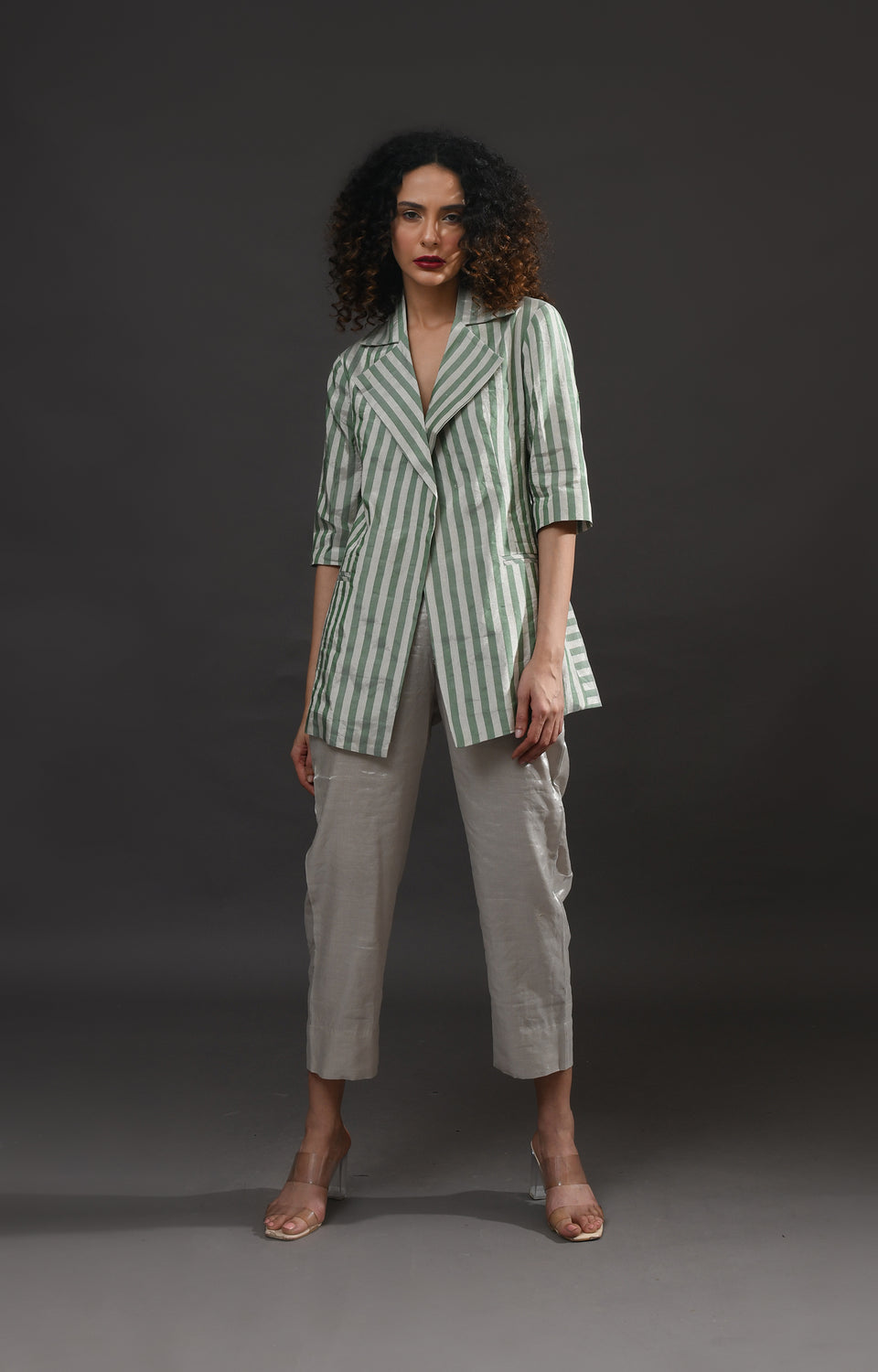 Silver and green striped tissue blazer co-ord set of 2 for women – Hiranya