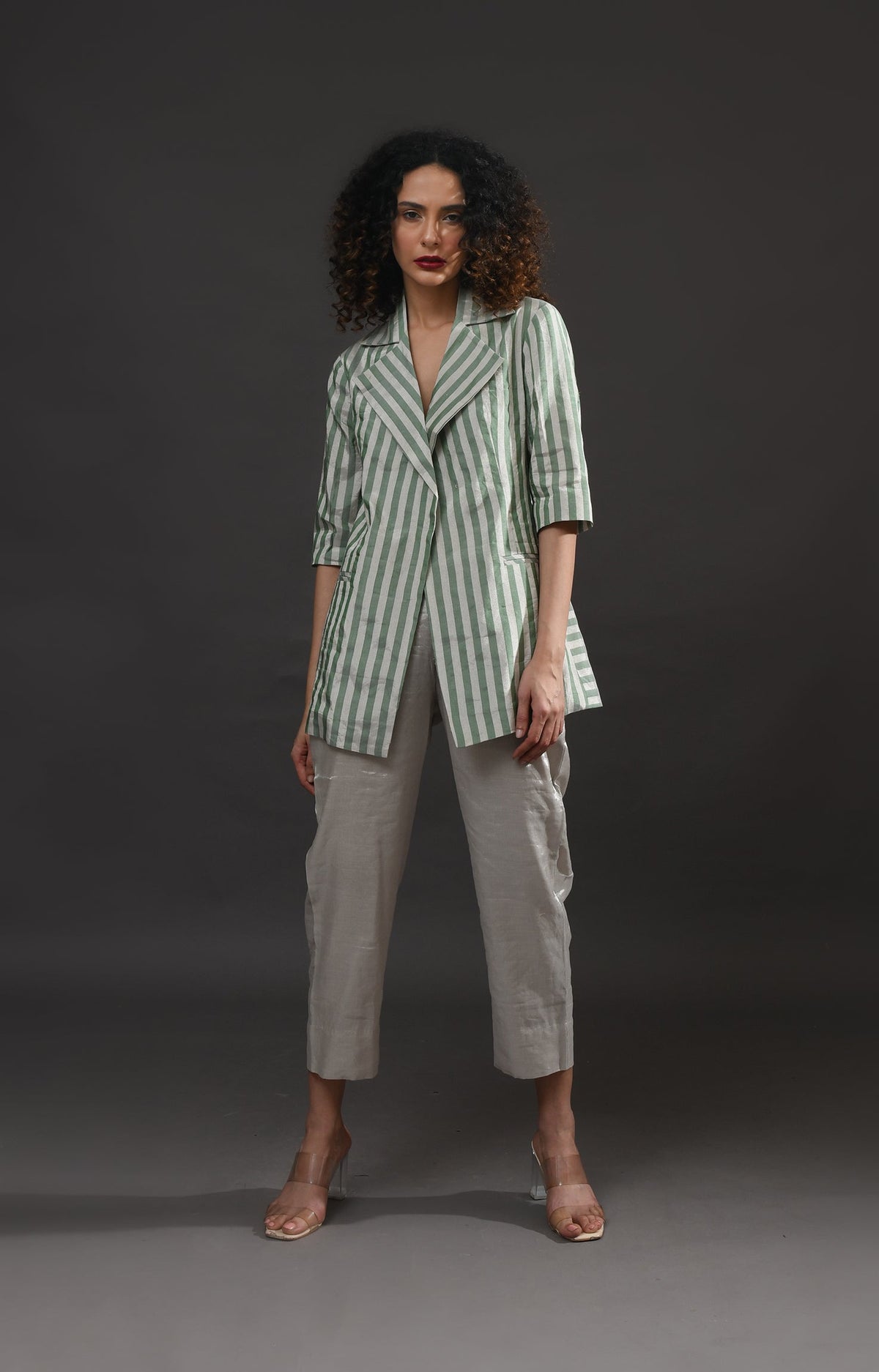 Striped Tissue Blazer- Silver and Green