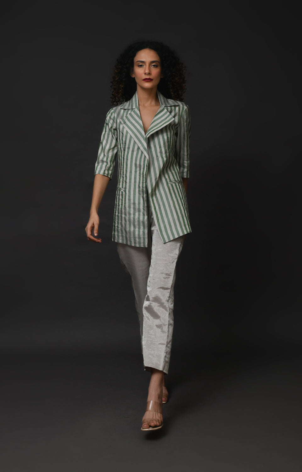 Silver and green striped tissue blazer co-ord set of 2 for women – Hiranya