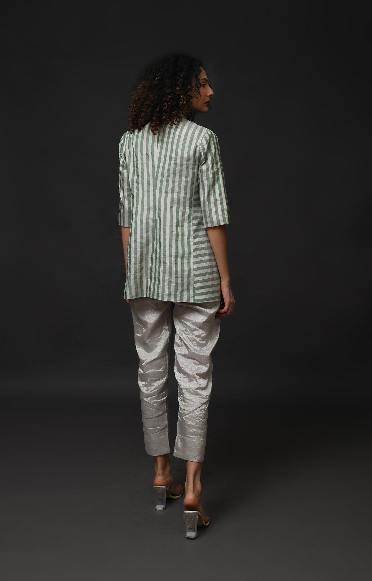 Silver and green striped tissue blazer co-ord set of 2 for women – Hiranya