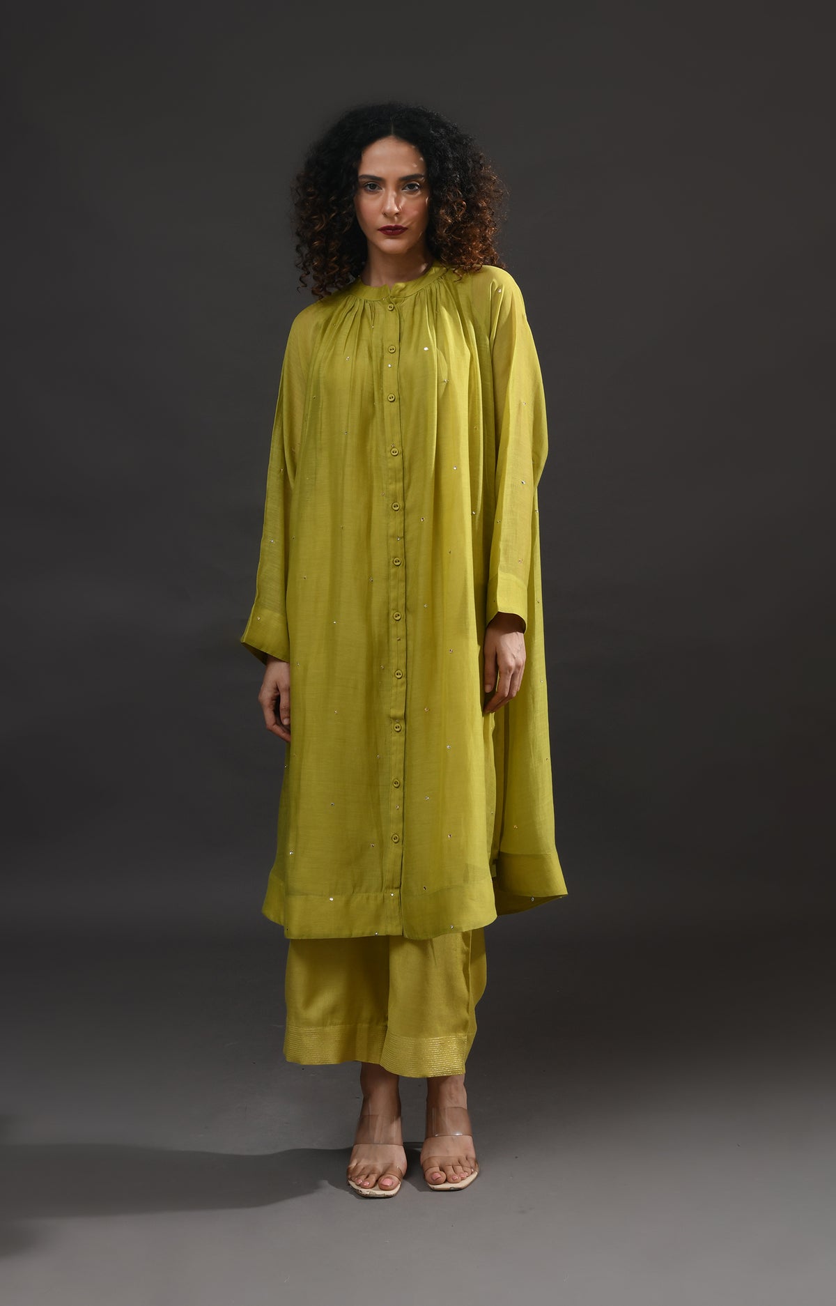 Pista green metallic dots Chanderi co-ord set with gathered neckline