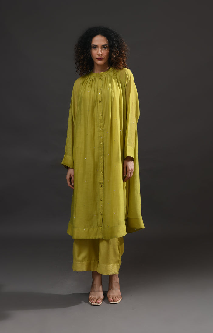 Pista green metallic dots Chanderi co-ord set with gathered neckline