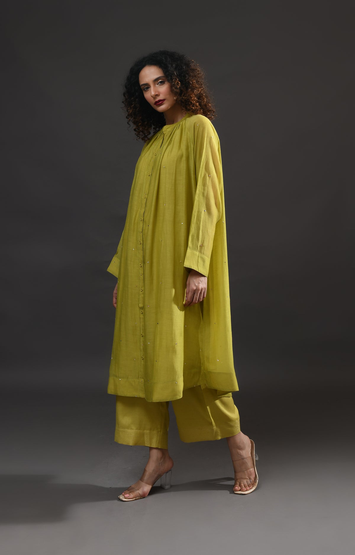 Pista green metallic dots Chanderi co-ord set with gathered neckline