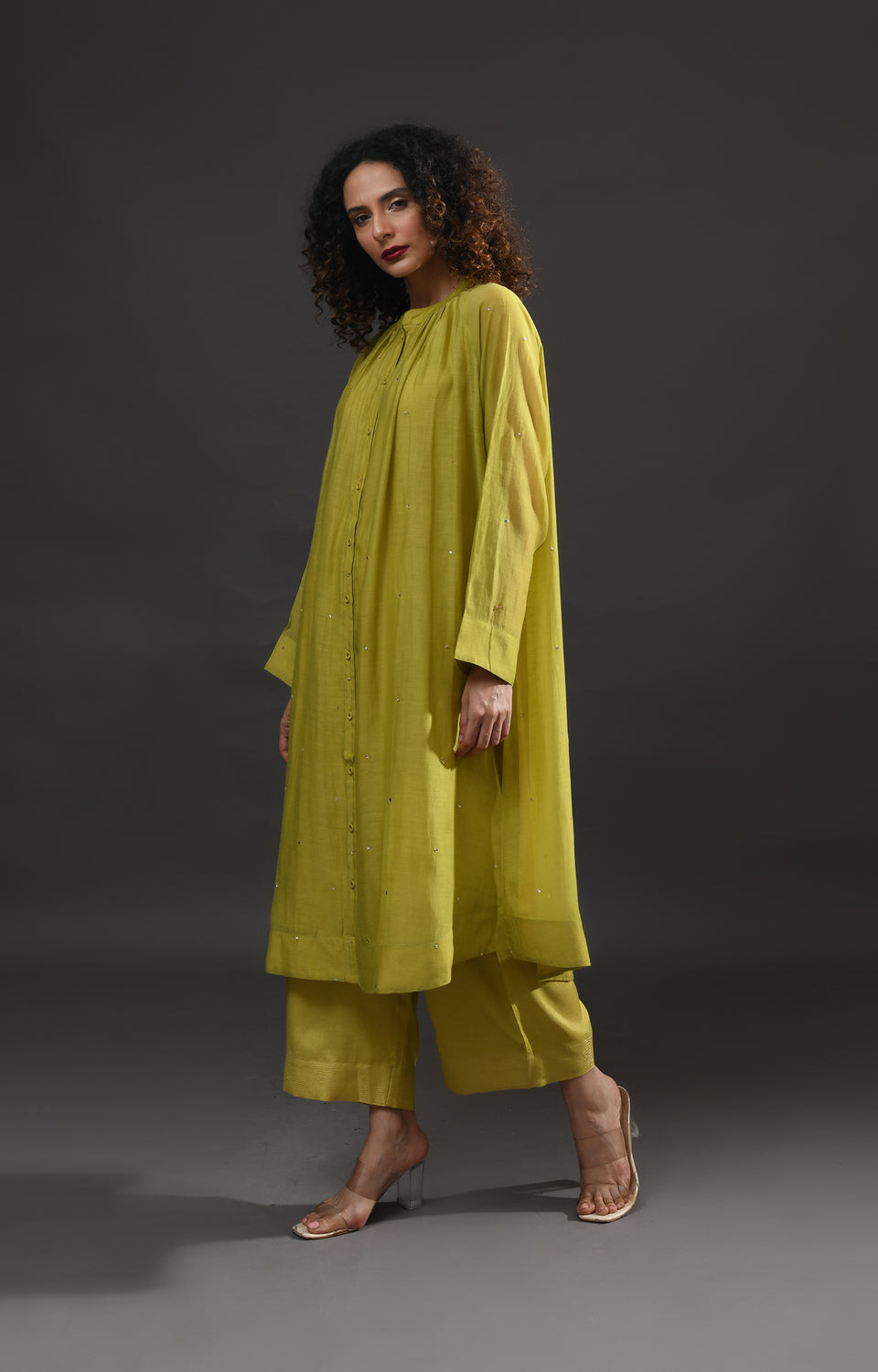 Pista green metallic dots Chanderi co-ord set with gathered neckline