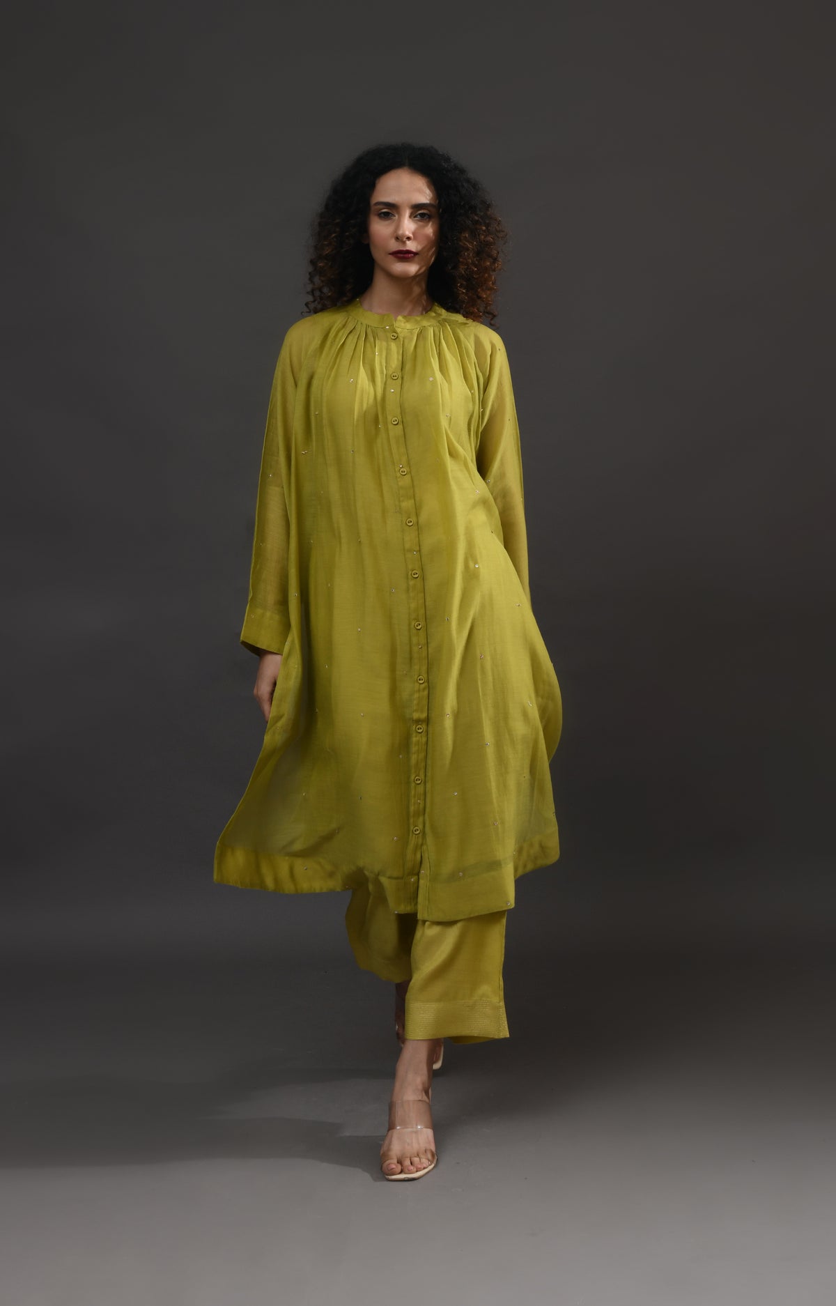 Pista green metallic dots Chanderi co-ord set with gathered neckline