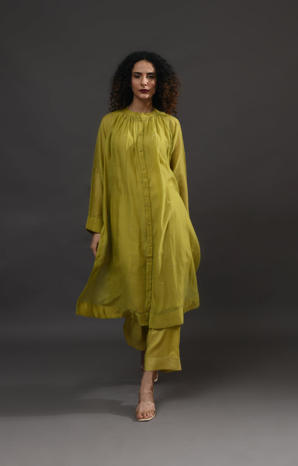 Pista green metallic dots Chanderi co-ord set with gathered neckline