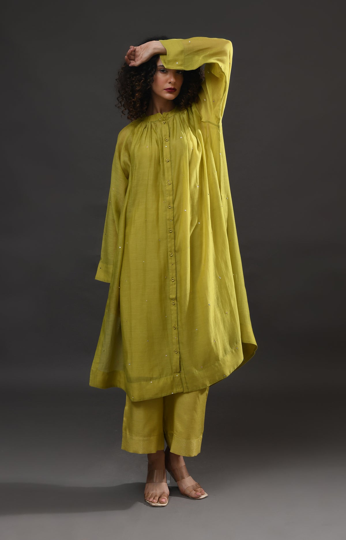Pista green metallic dots Chanderi co-ord set with gathered neckline