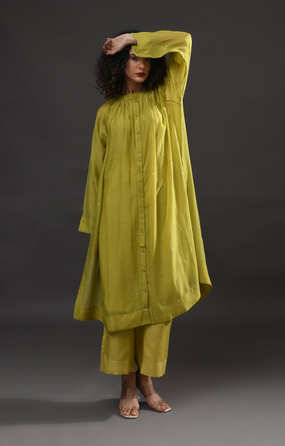 Pista green metallic dots Chanderi co-ord set with gathered neckline