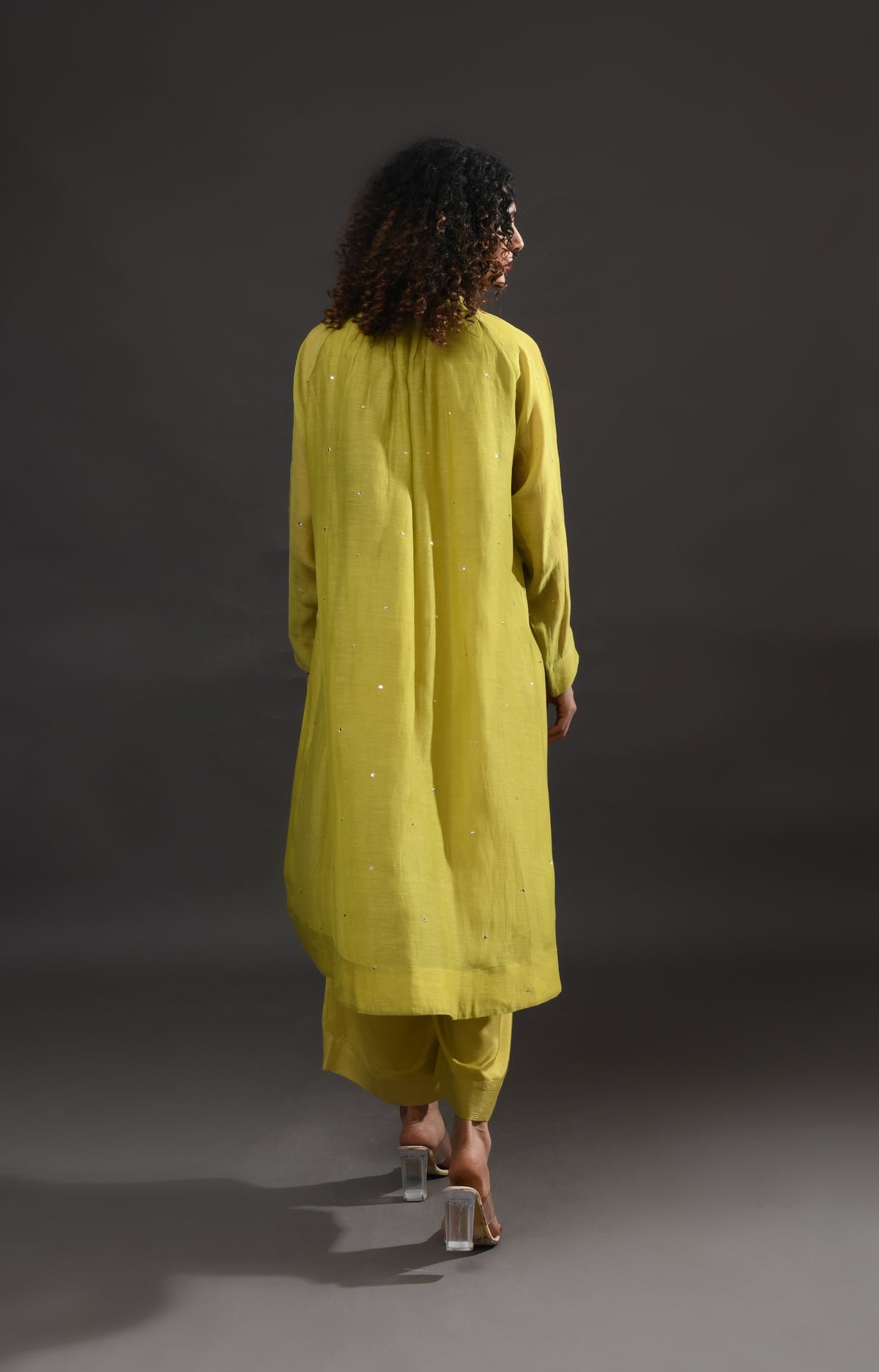 Pista green metallic dots Chanderi co-ord set with gathered neckline