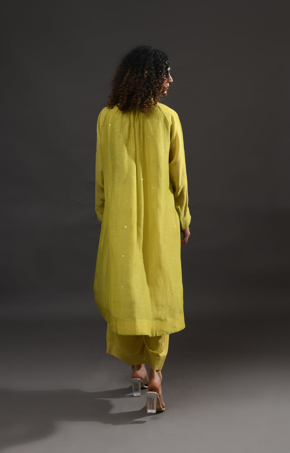 Pista green metallic dots Chanderi co-ord set with gathered neckline