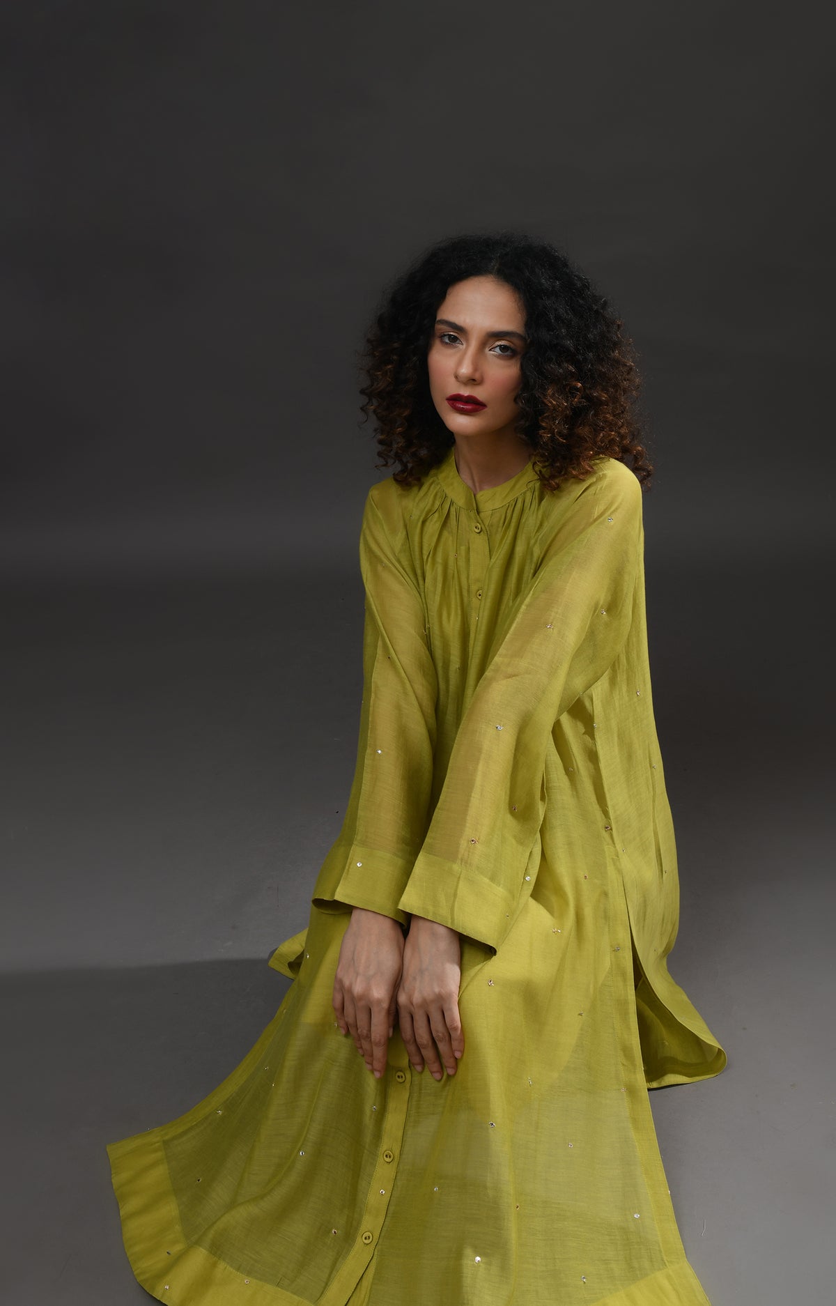 Pista green metallic dots Chanderi co-ord set with gathered neckline
