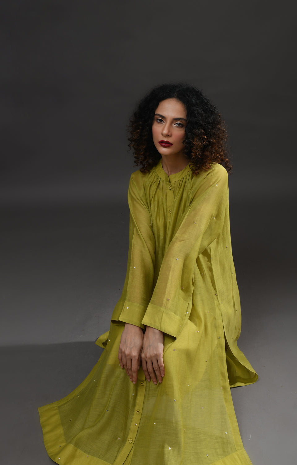 Pista green metallic dots Chanderi co-ord set with gathered neckline