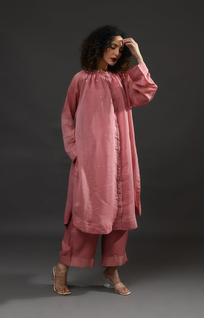 Rose pink metallic dots Chanderi co-ord set with neck gather detail