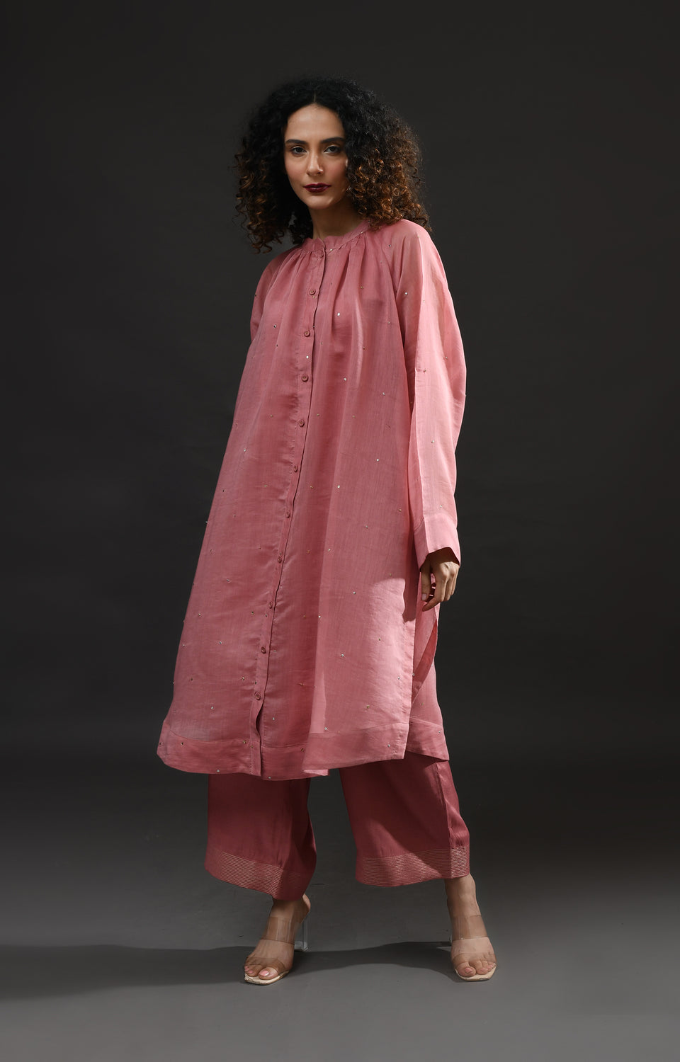 Rose pink metallic dots Chanderi co-ord set with neck gather detail