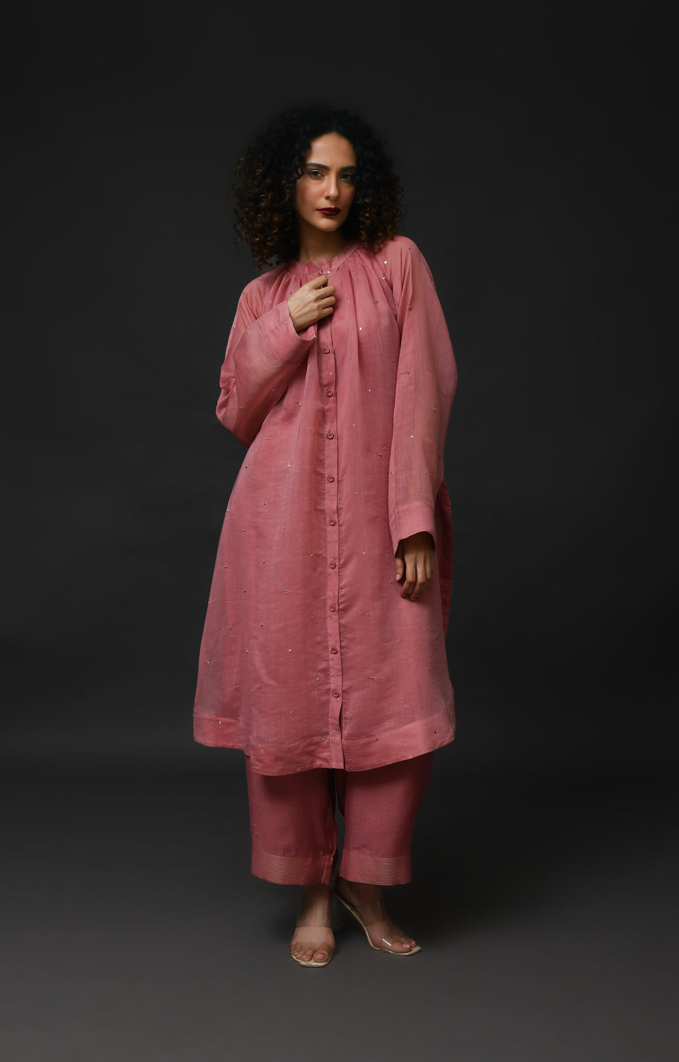 Rose pink metallic dots Chanderi co-ord set with neck gather detail