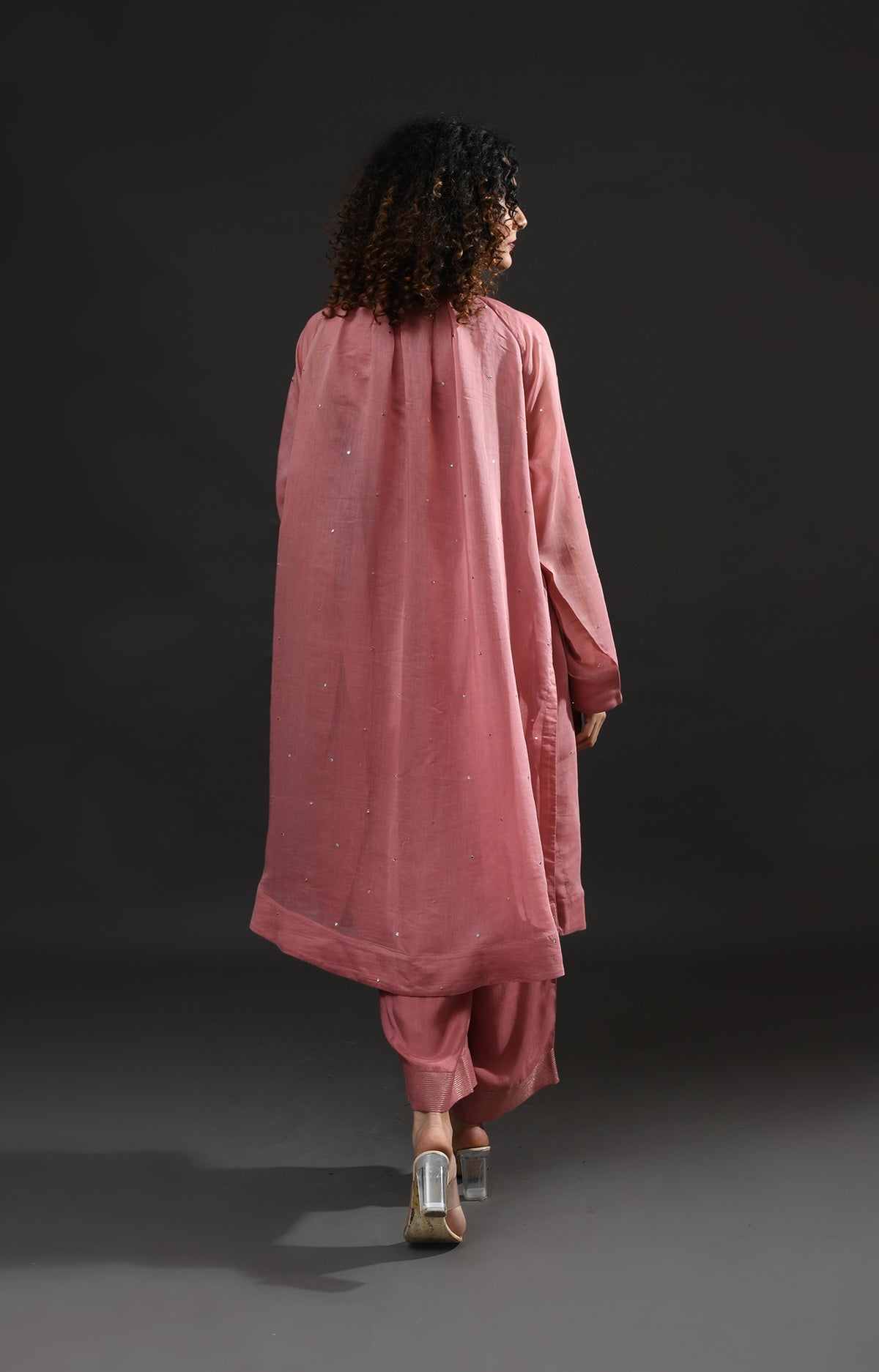 Rose pink metallic dots Chanderi co-ord set with neck gather detail