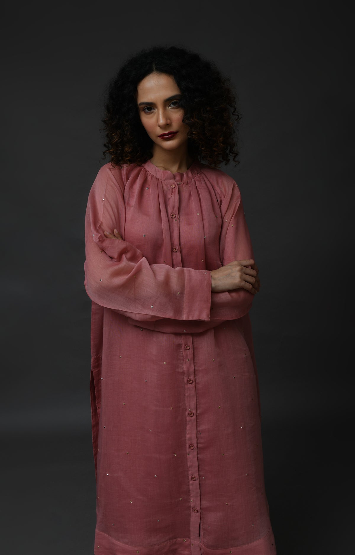 Rose pink metallic dots Chanderi co-ord set with neck gather detail