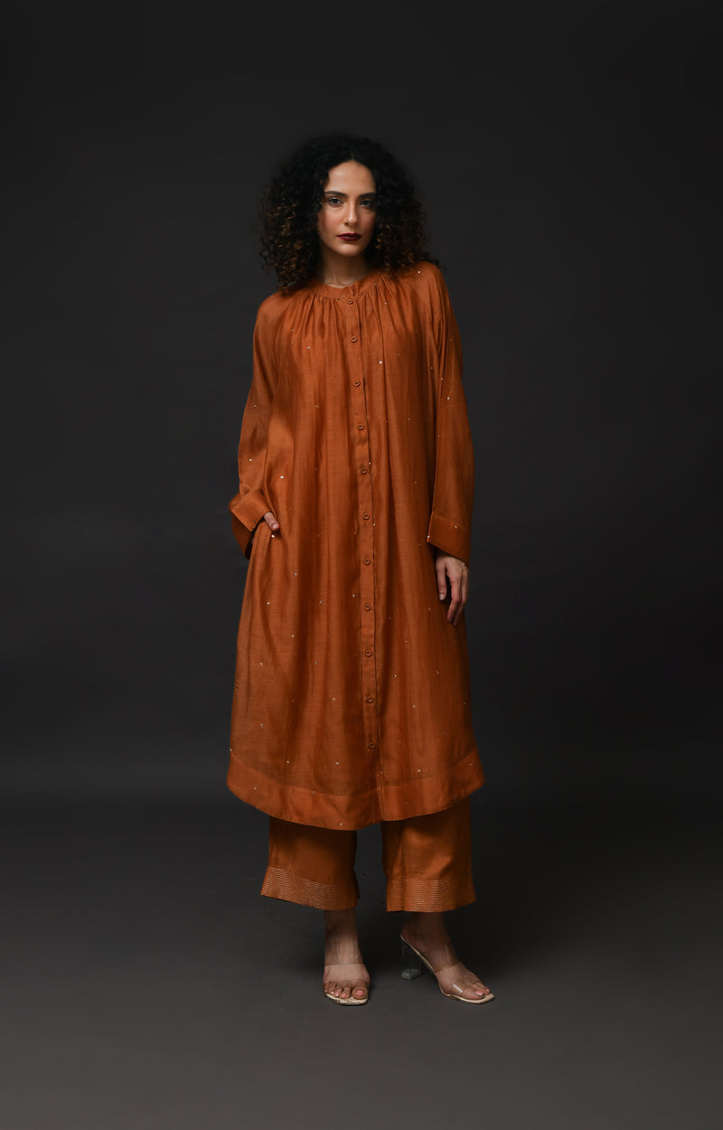 Copper metallic dots Chanderi co-ord set with elegant neck gather design