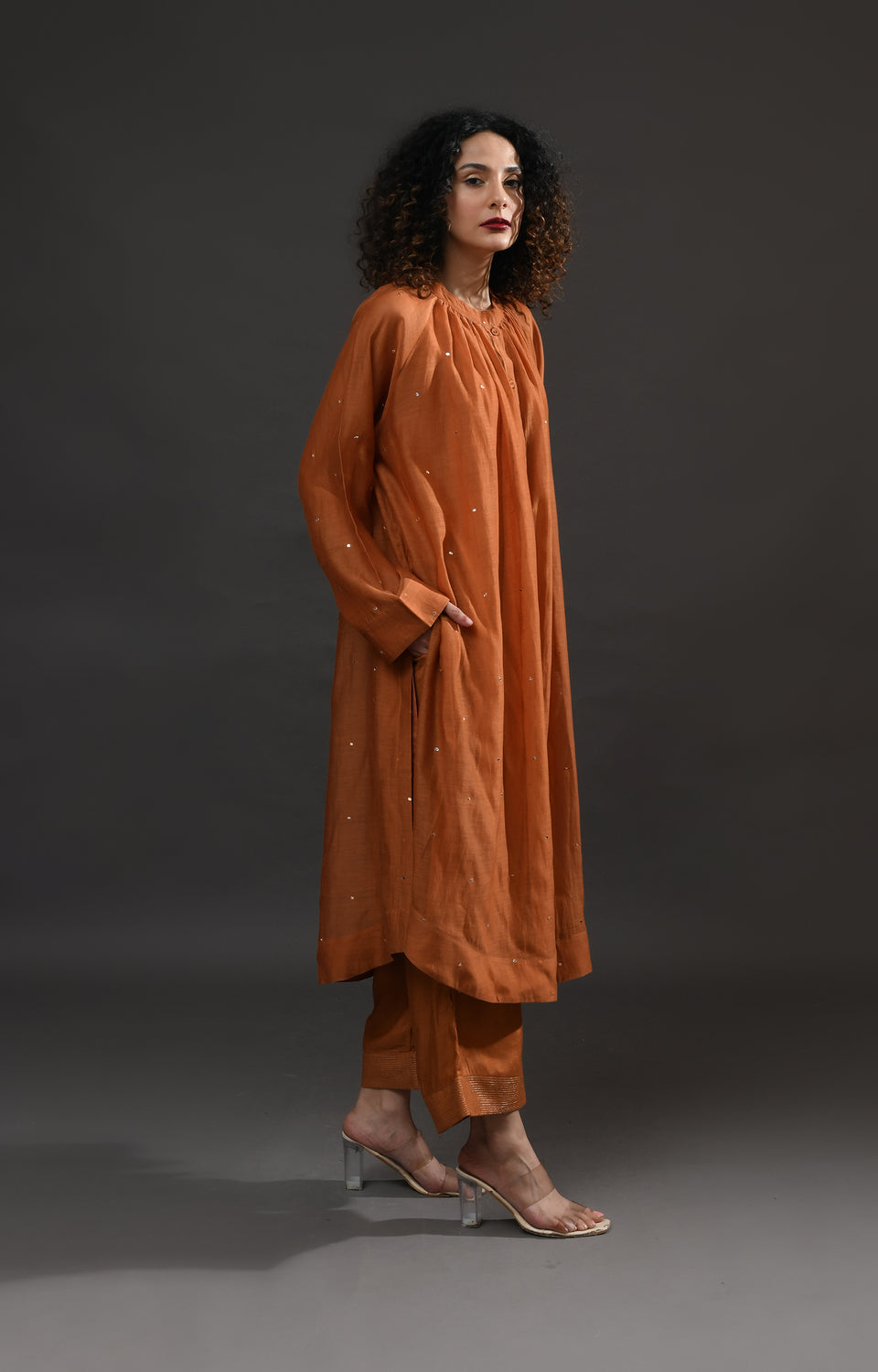 Copper metallic dots Chanderi co-ord set with elegant neck gather design