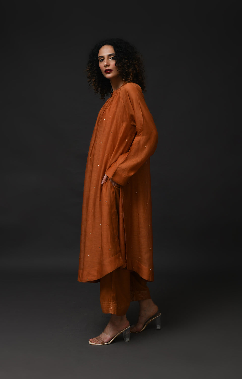 Copper metallic dots Chanderi co-ord set with elegant neck gather design