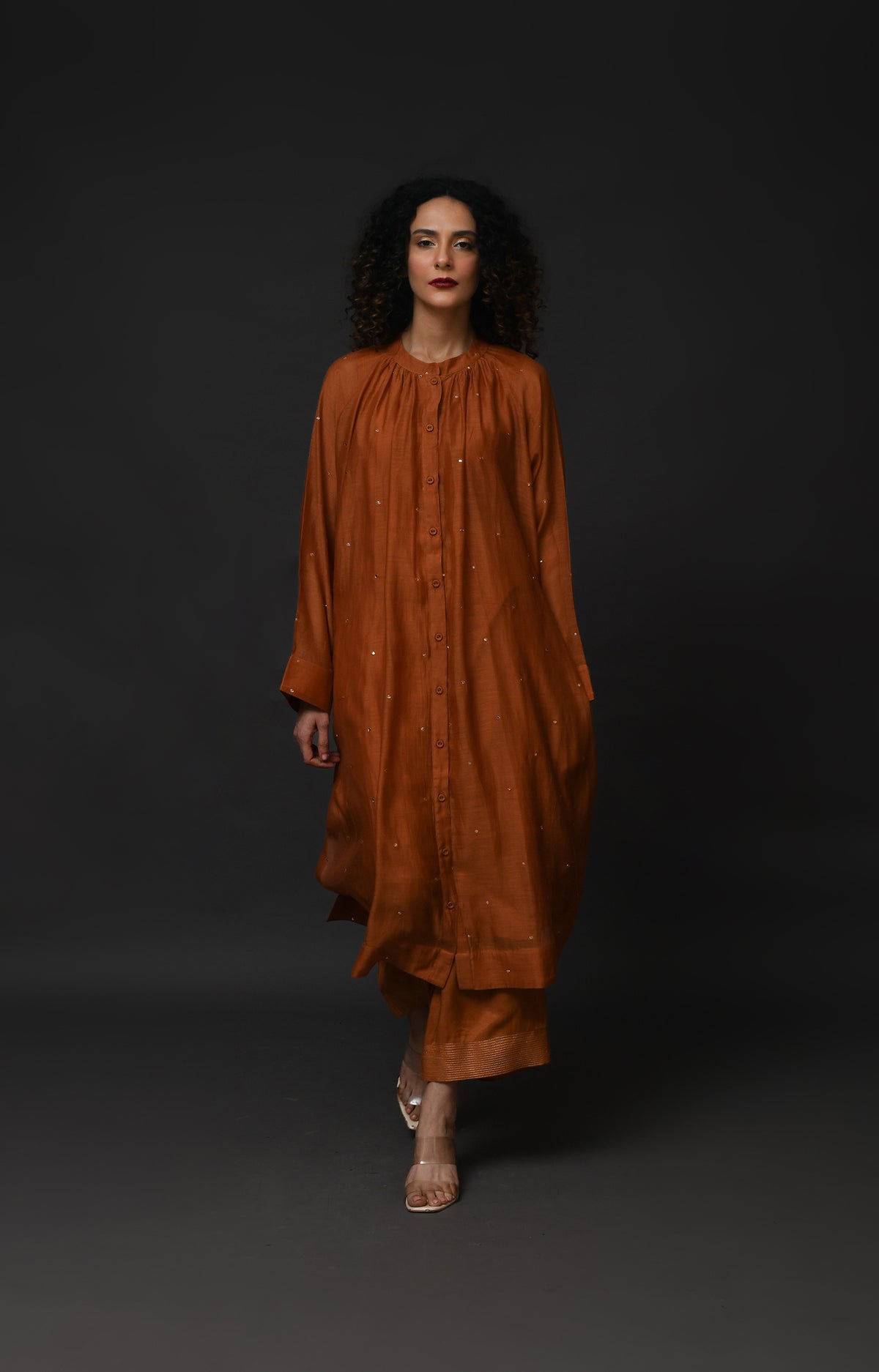 Copper metallic dots Chanderi co-ord set with elegant neck gather design