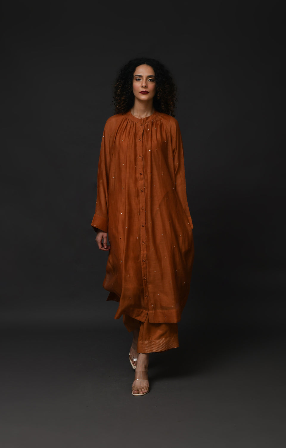Copper metallic dots Chanderi co-ord set with elegant neck gather design