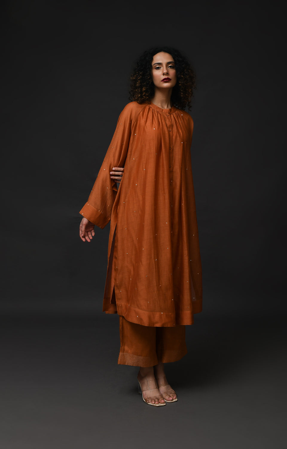 Copper metallic dots Chanderi co-ord set with elegant neck gather design