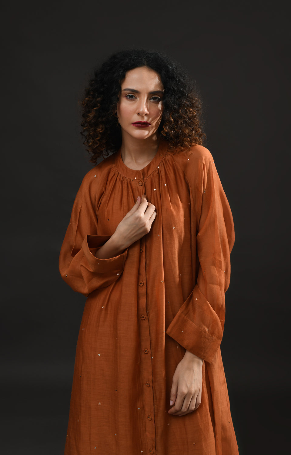 Copper metallic dots Chanderi co-ord set with elegant neck gather design