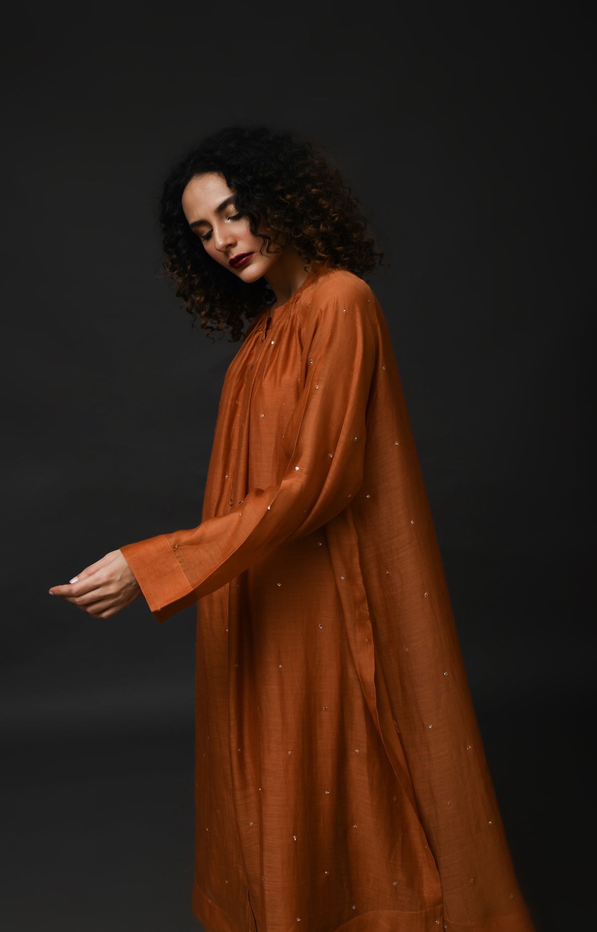 Copper metallic dots Chanderi co-ord set with elegant neck gather design