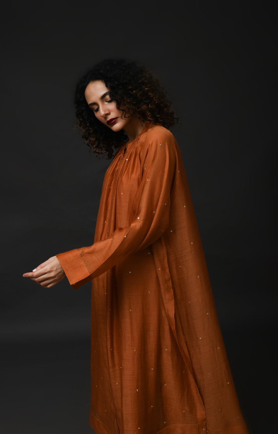 Copper metallic dots Chanderi co-ord set with elegant neck gather design