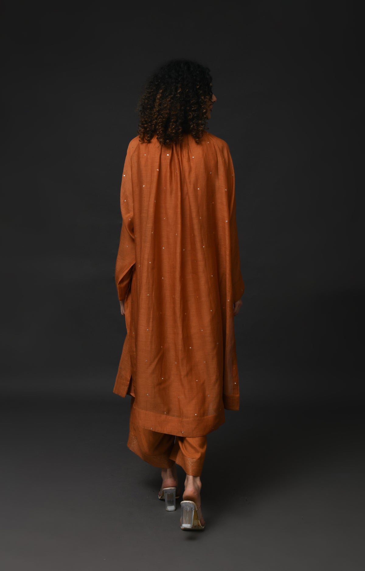 Copper metallic dots Chanderi co-ord set with elegant neck gather design