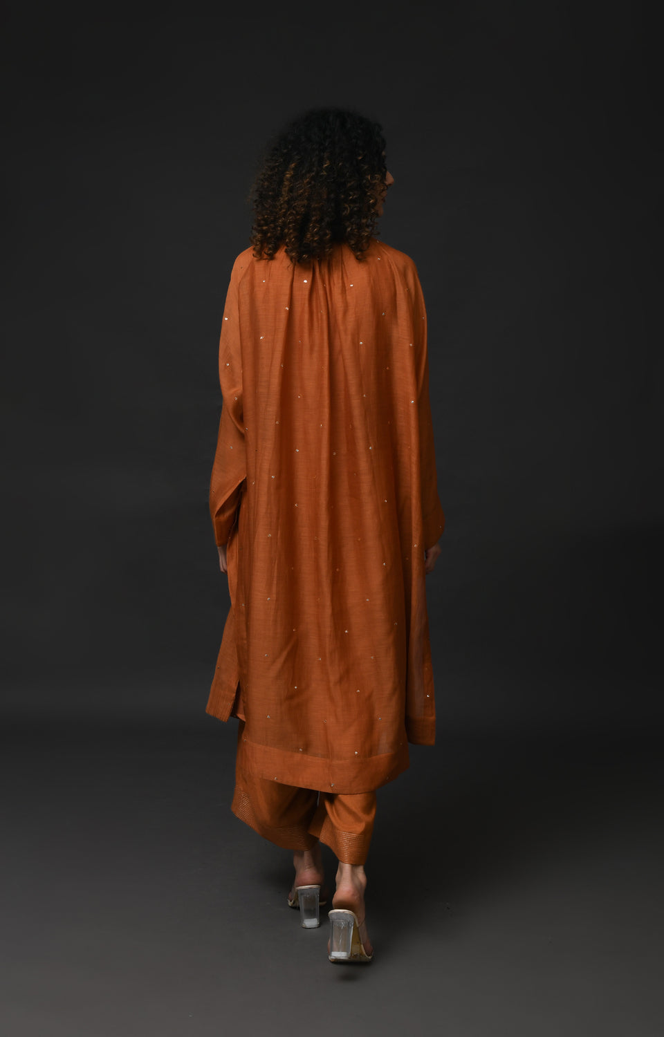 Copper metallic dots Chanderi co-ord set with elegant neck gather design