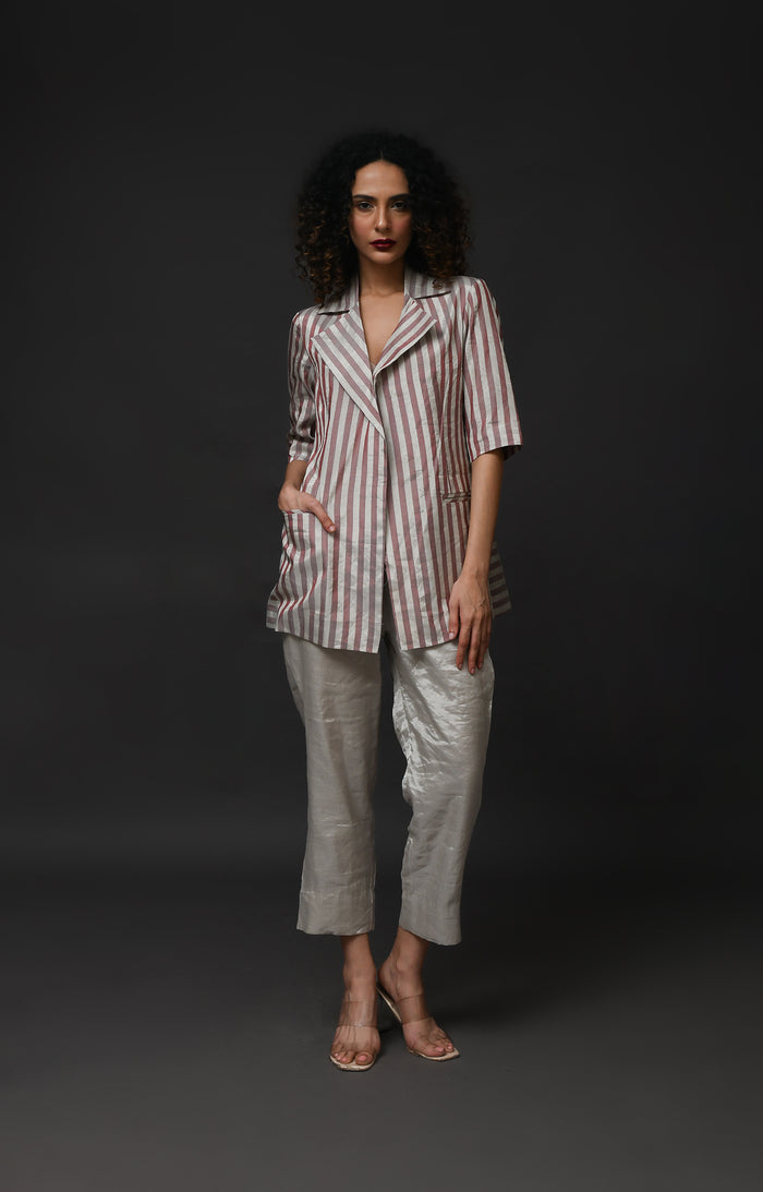Striped Tissue Blazer Co-Ord (Set of 2)- Silver and Pink