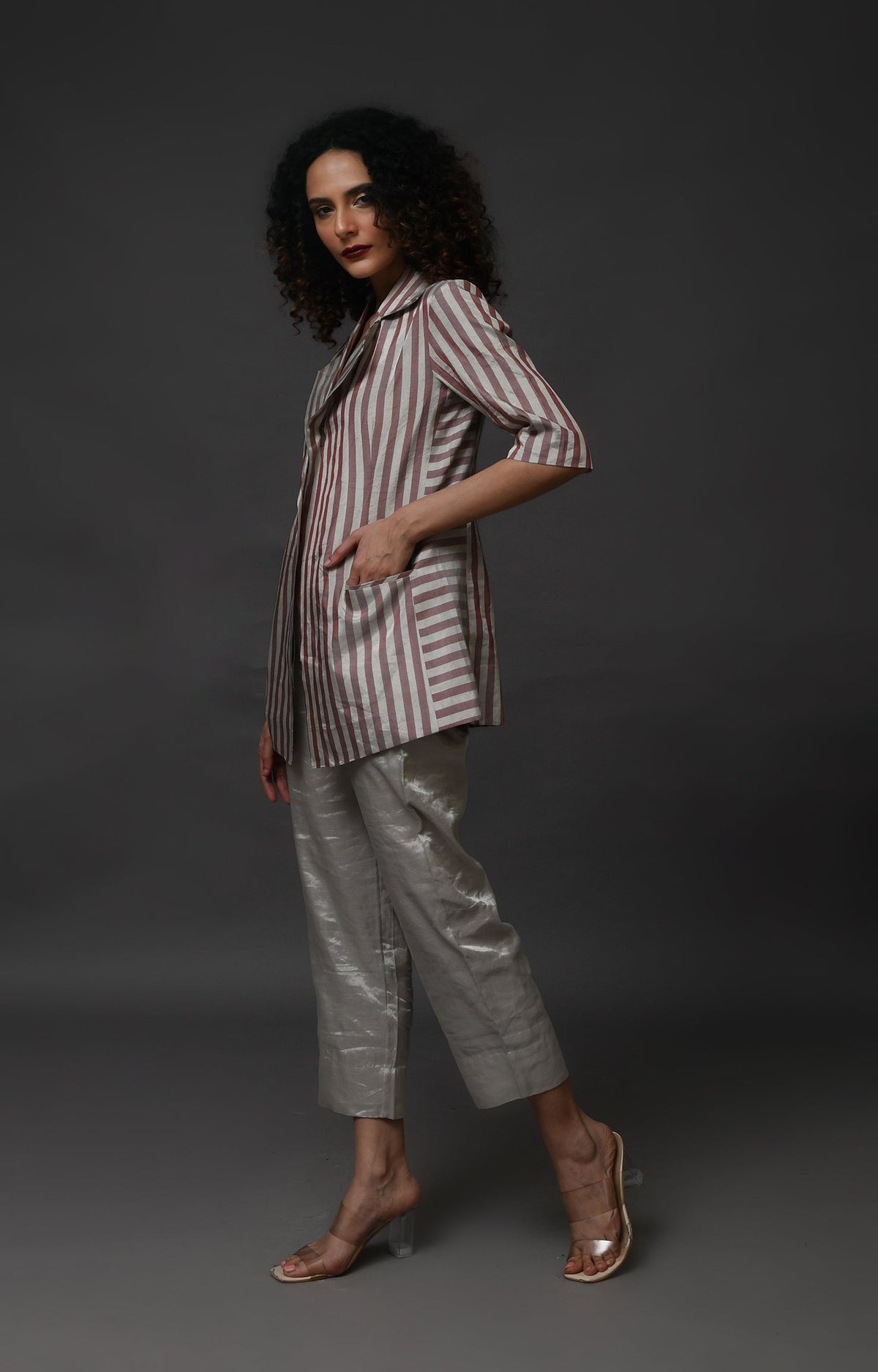 Striped Tissue Blazer- Silver and Pink