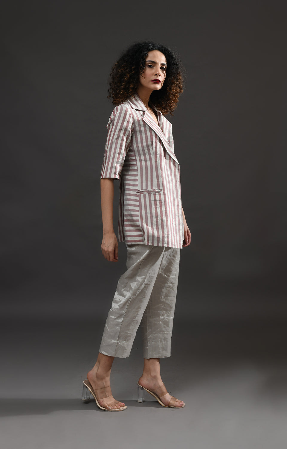 Striped Tissue Blazer Co-Ord (Set of 2)- Silver and Pink