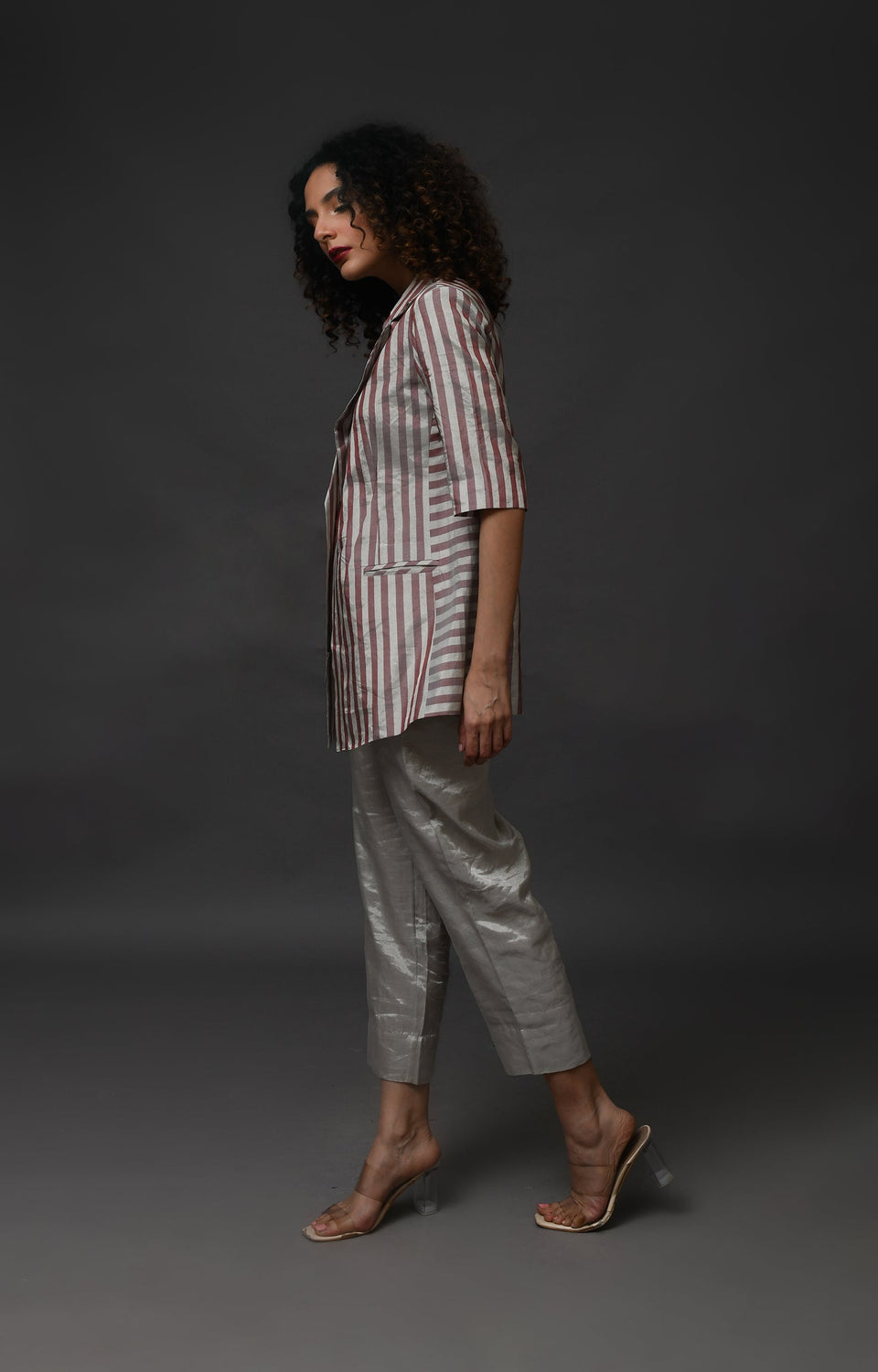 Striped Tissue Blazer- Silver and Pink