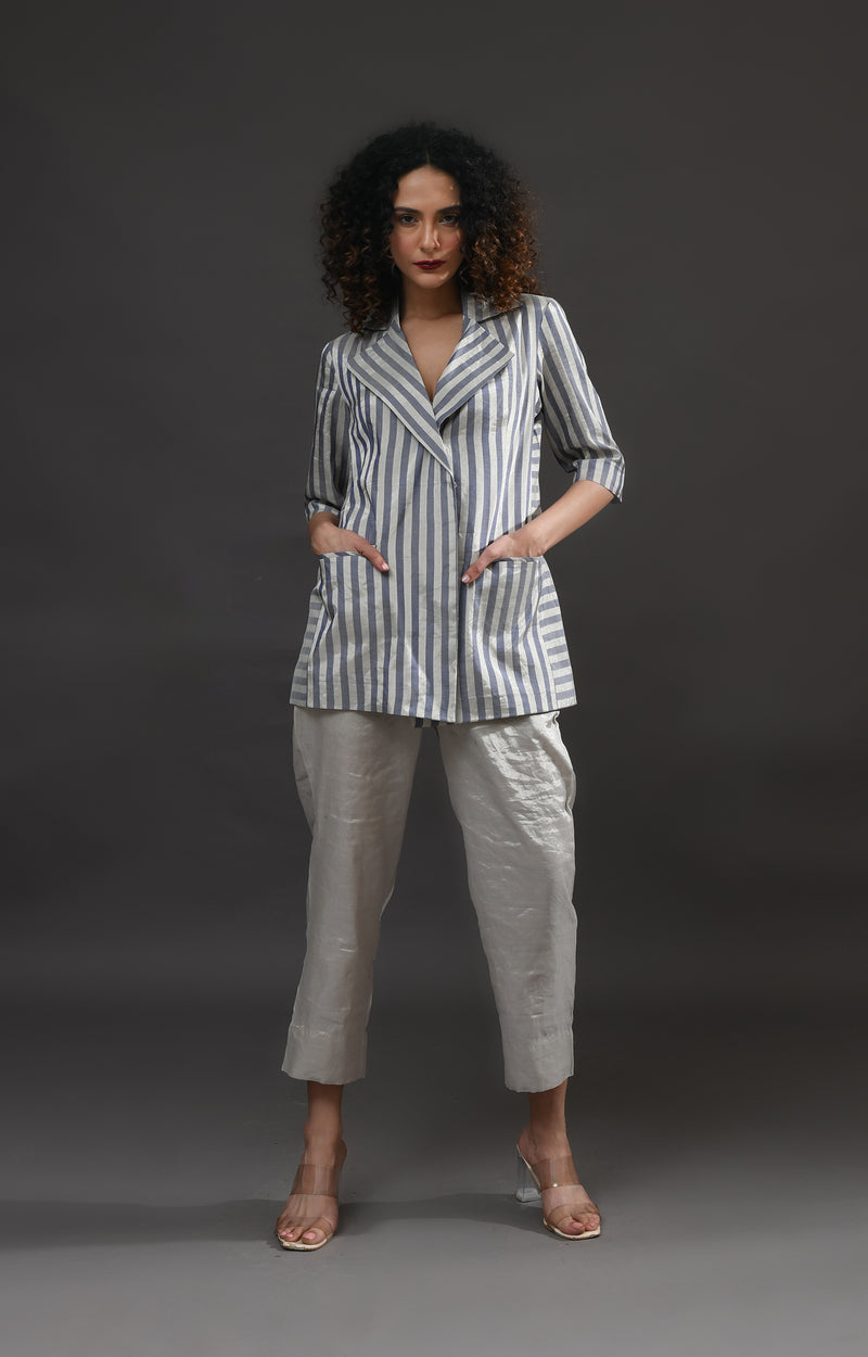 Silver and blue striped tissue blazer co-ord set of 2 for women – Hiranya