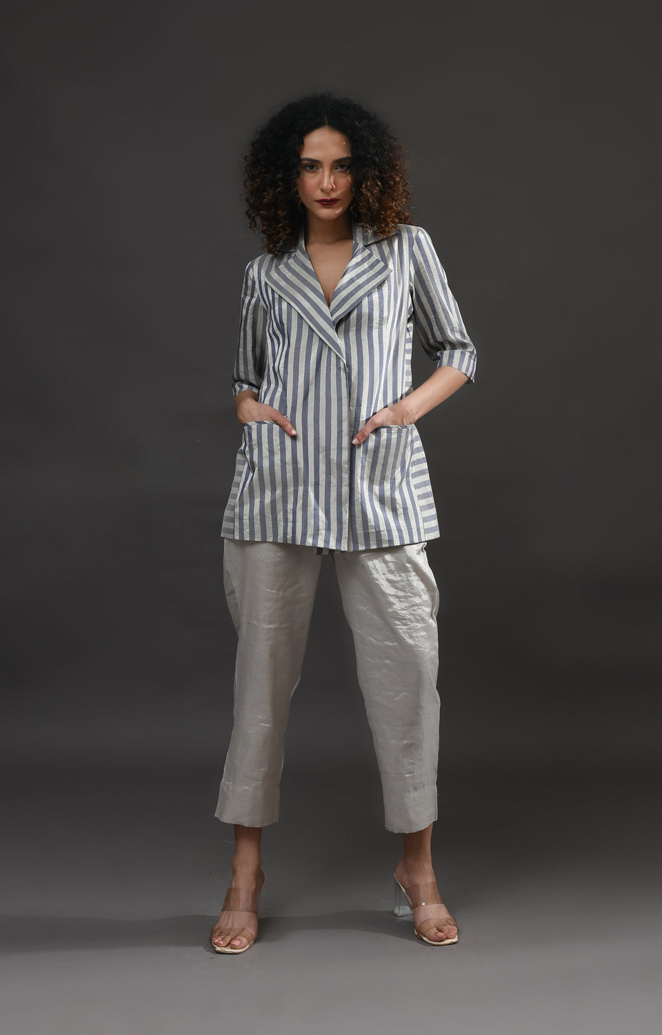 Silver and blue striped tissue blazer co-ord set of 2 for women – Hiranya