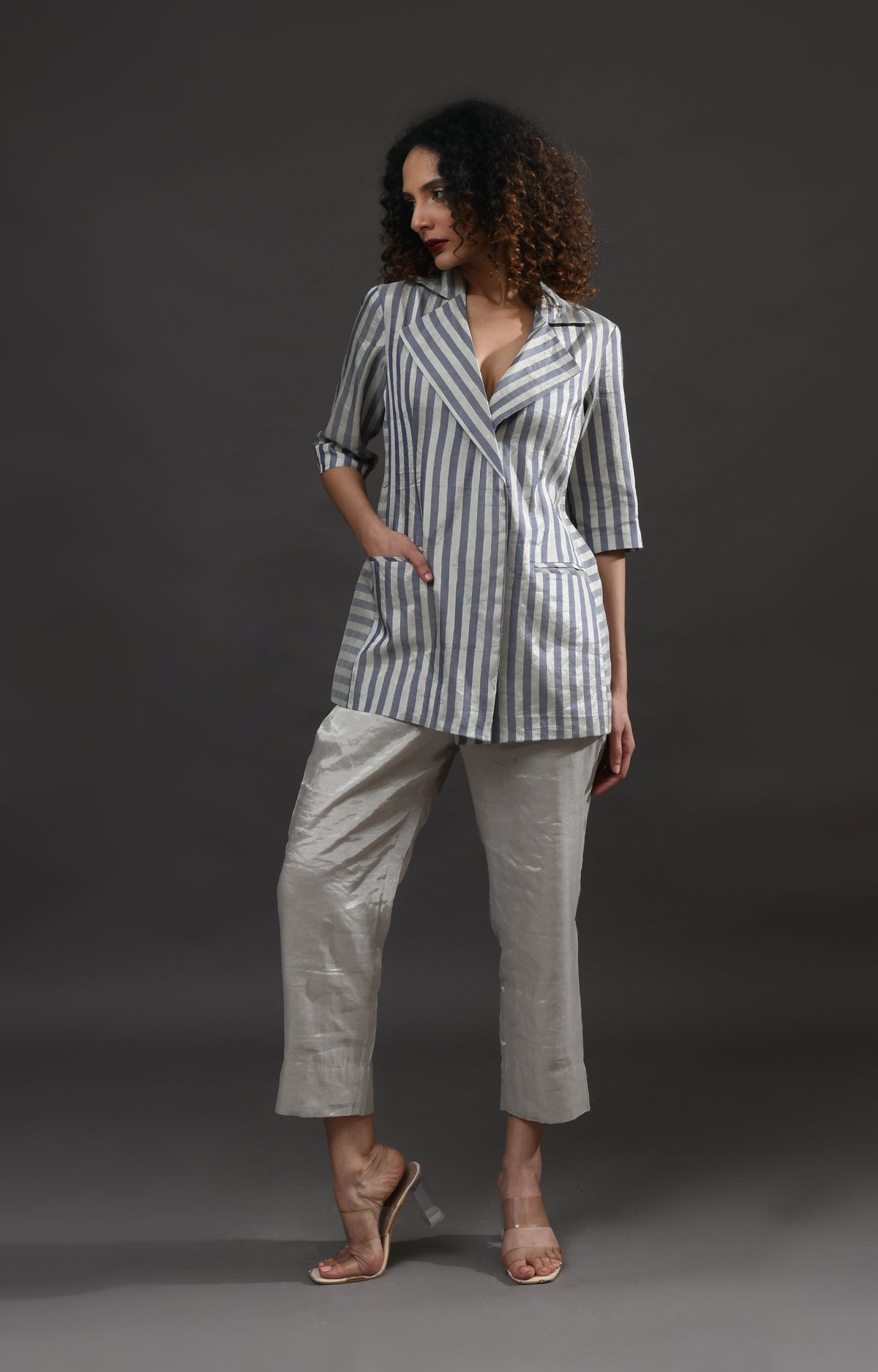 Silver and blue striped tissue blazer co-ord set of 2 for women – Hiranya