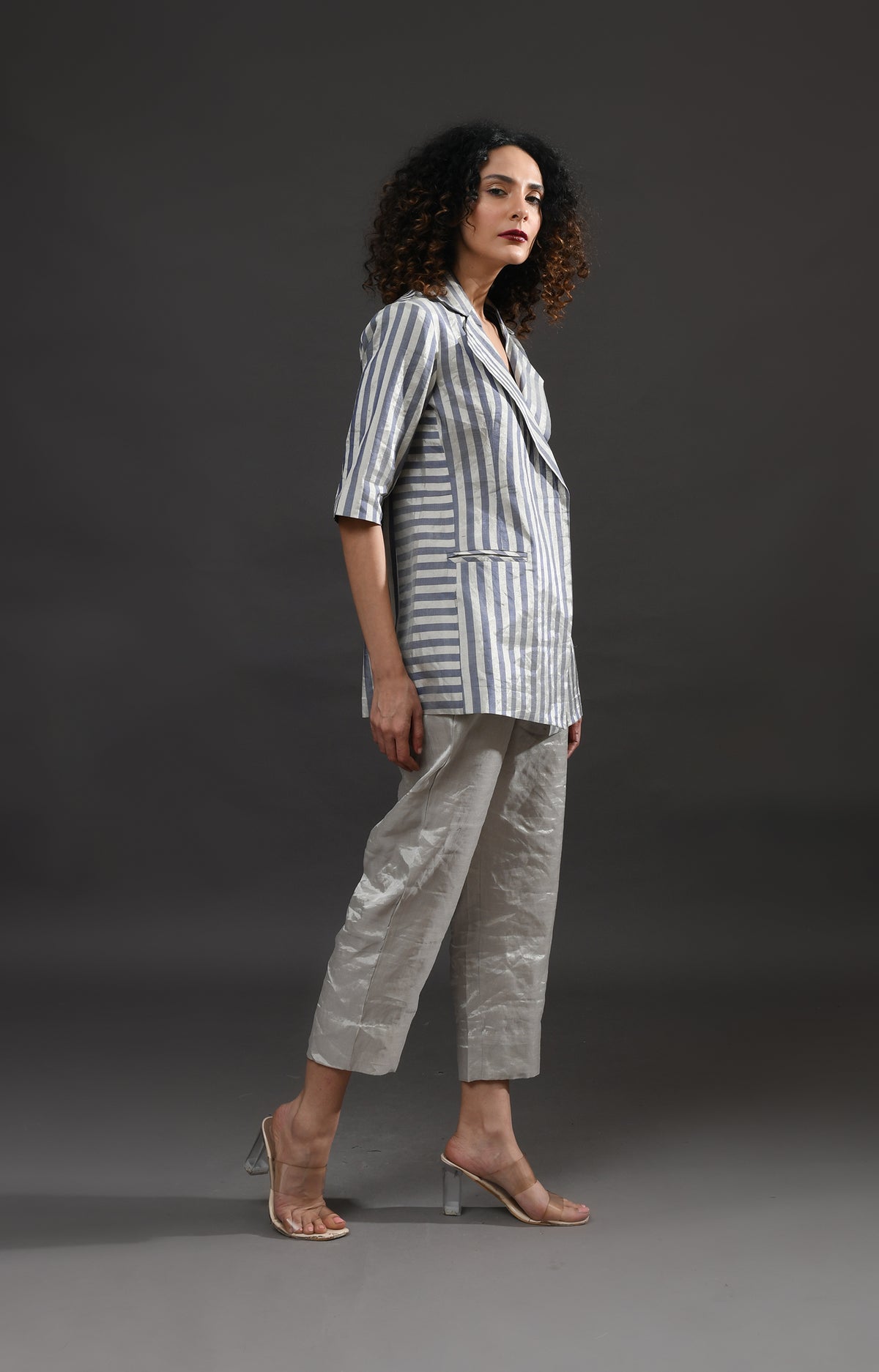 Silver and blue striped tissue blazer co-ord set of 2 for women – Hiranya