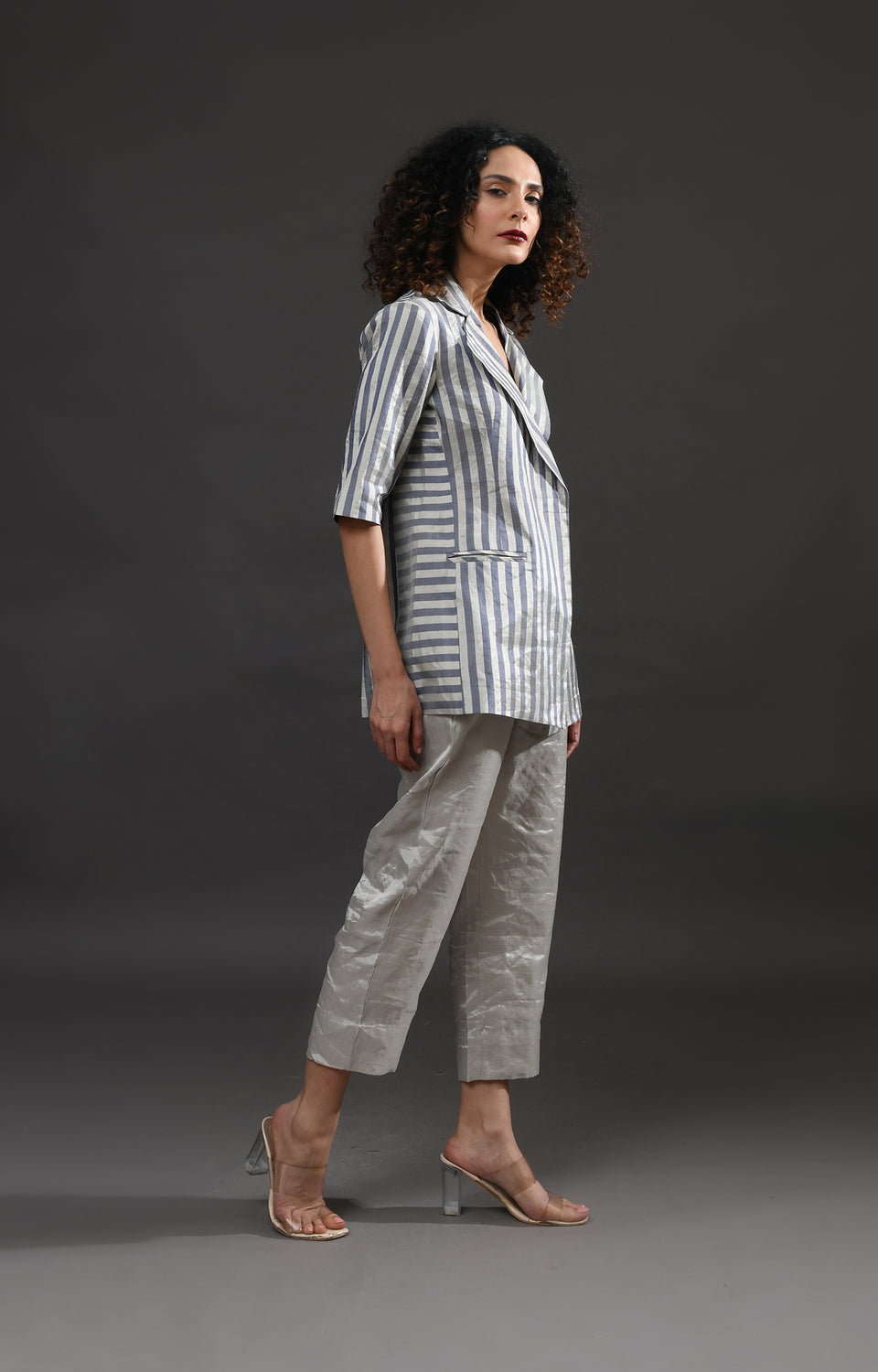 Silver and blue striped tissue blazer co-ord set of 2 for women – Hiranya