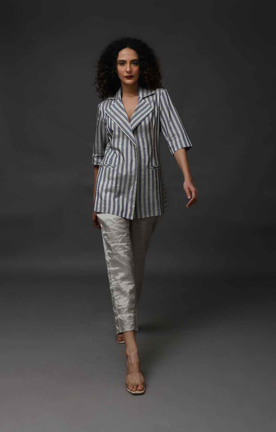 Silver and blue striped tissue blazer co-ord set of 2 for women – Hiranya