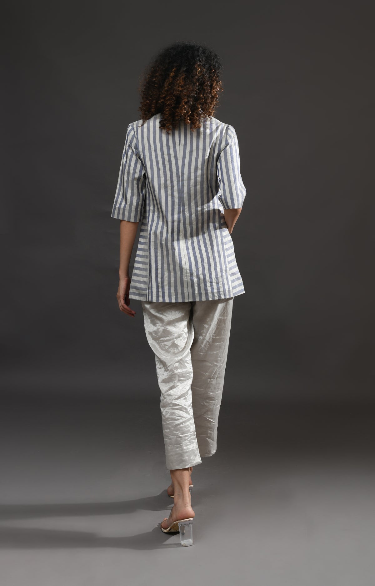 Silver and blue striped tissue blazer co-ord set of 2 for women – Hiranya